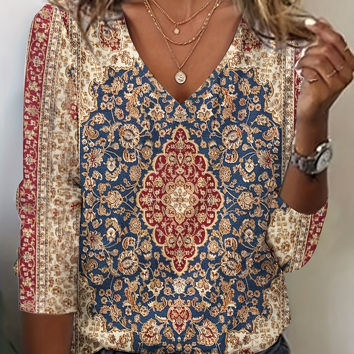 Women's Floral Print V Neck Long Sleeve T-Shirt - Casual Spring and Fall Top
