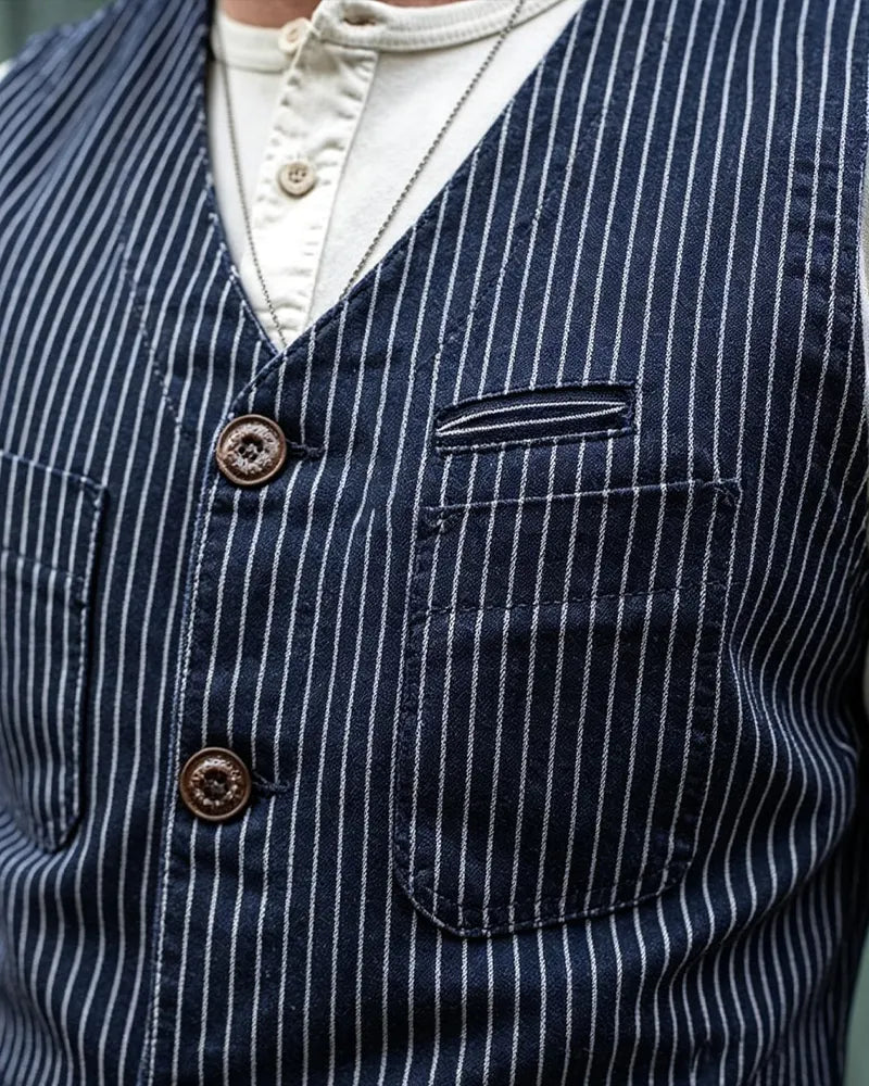 Vintage Pinstripe Denim Single-breasted Vest