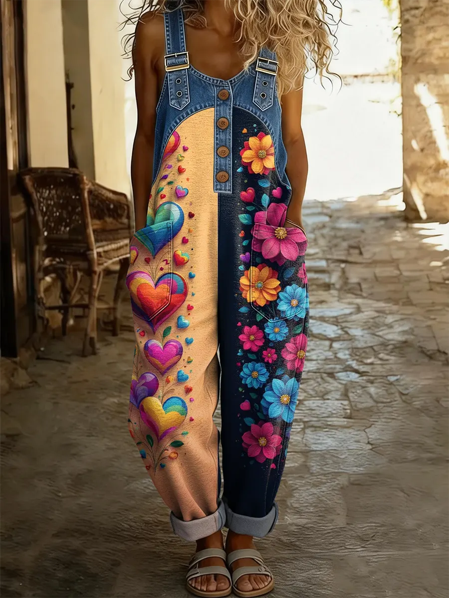 Women's Floral Heart Pattern Art Print Washed Cotton Denim Patchwork Jumpsuit