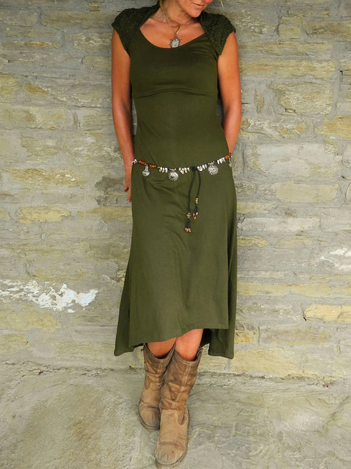 Asymmetric Midi Dress with Cutout Cape and Patchwork Detail