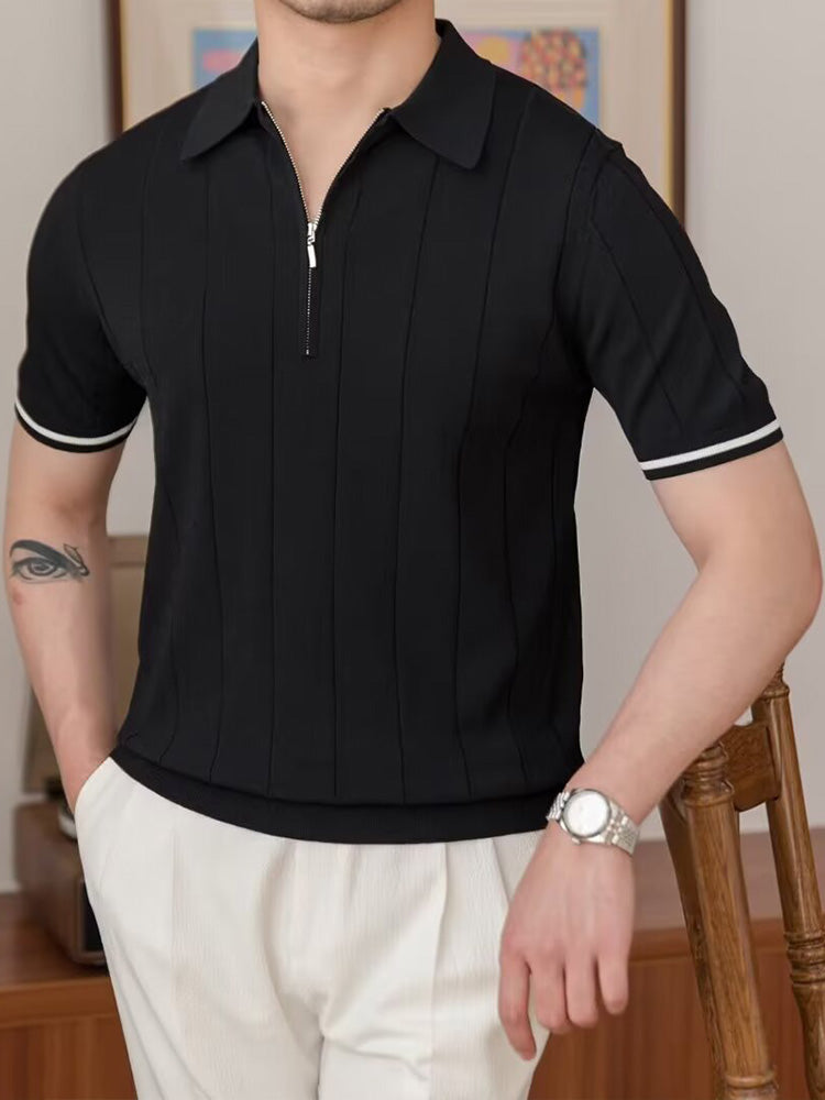 Cool-Touch Cotton Knit Vertical Stripe Short Sleeve