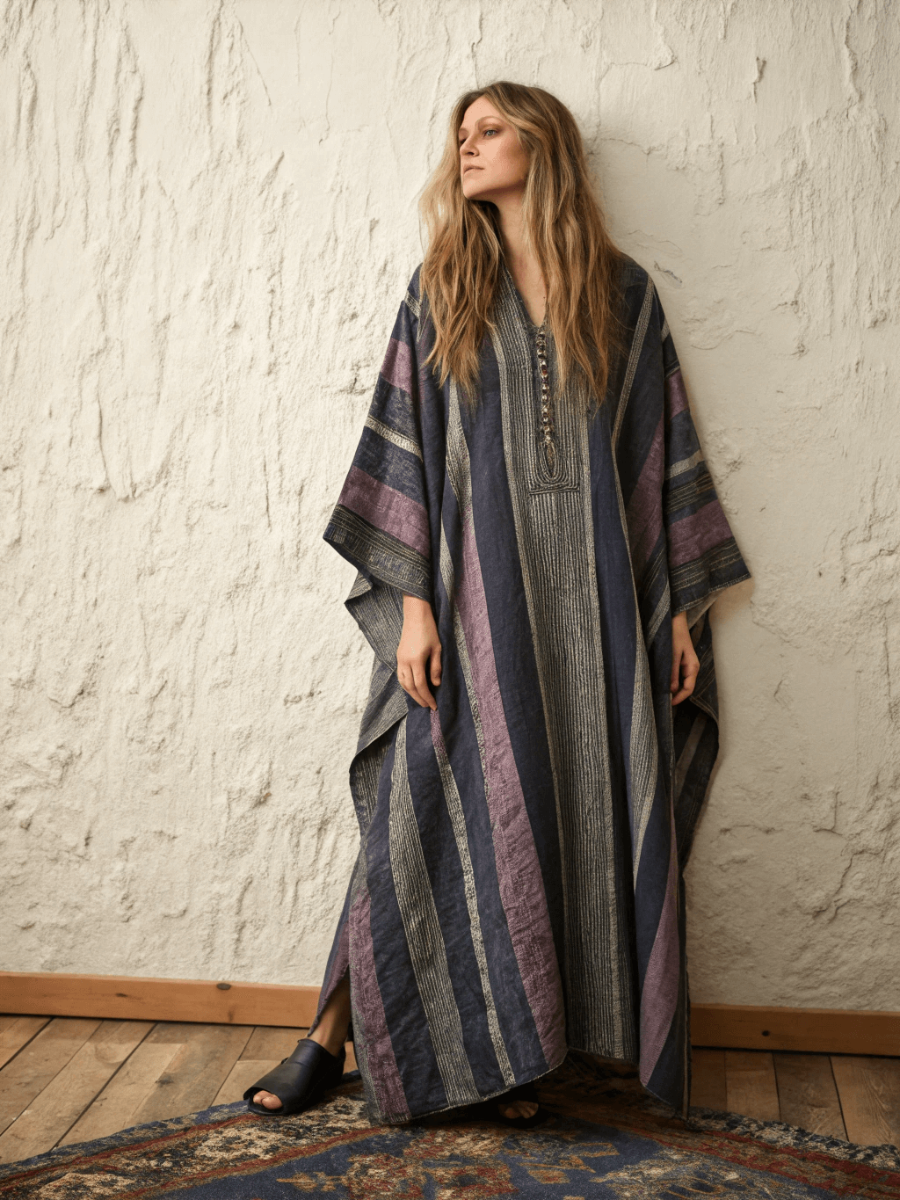 Linen Printed Kaftan Maxi Dress