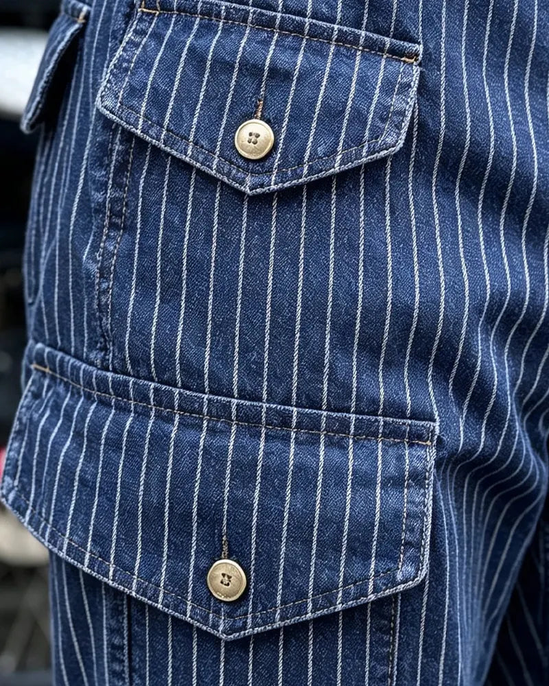 Vintage Navy Railroad Stripe Multi©\Flap©\Pocket Straight©\Leg Cargo Trousers