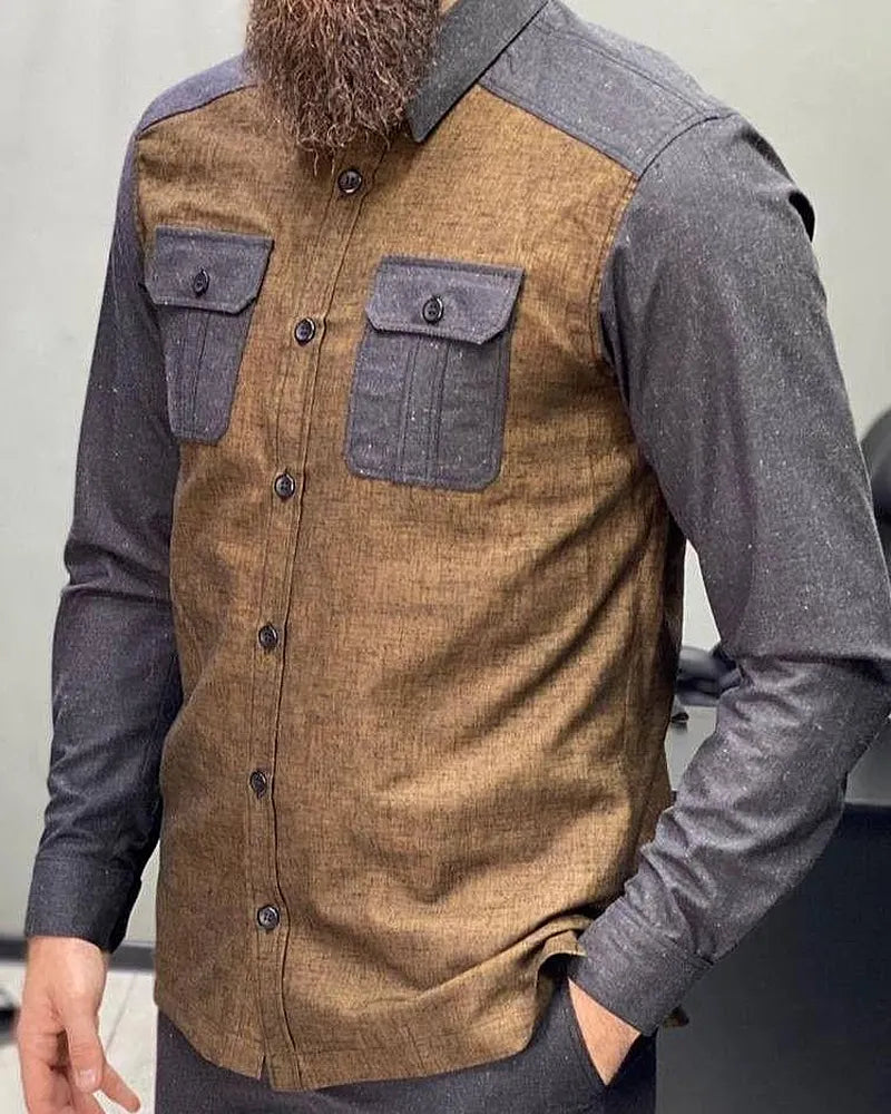 Vintage Brown Charcoal Spliced Panel Dual Chest Pocket Long Sleeve Shirt