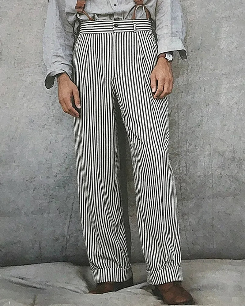 Vintage Black©\White Railroad©\Stripe High©\Waist Pleated Wide©\Leg Trousers