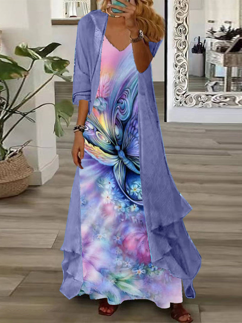 Women's Long Sleeve V-neck Graphic Printed Two Pieces Maxi Dress