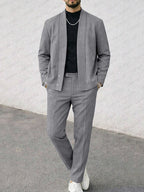 Faux Suede Collarless Jacket Pants Set