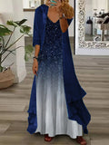 Nextmacys-Women's Long Sleeve V-neck Graphic Printed Two Pieces Maxi Dress
