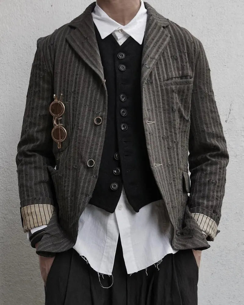 Retro striped wool blend single-breasted suit jacket