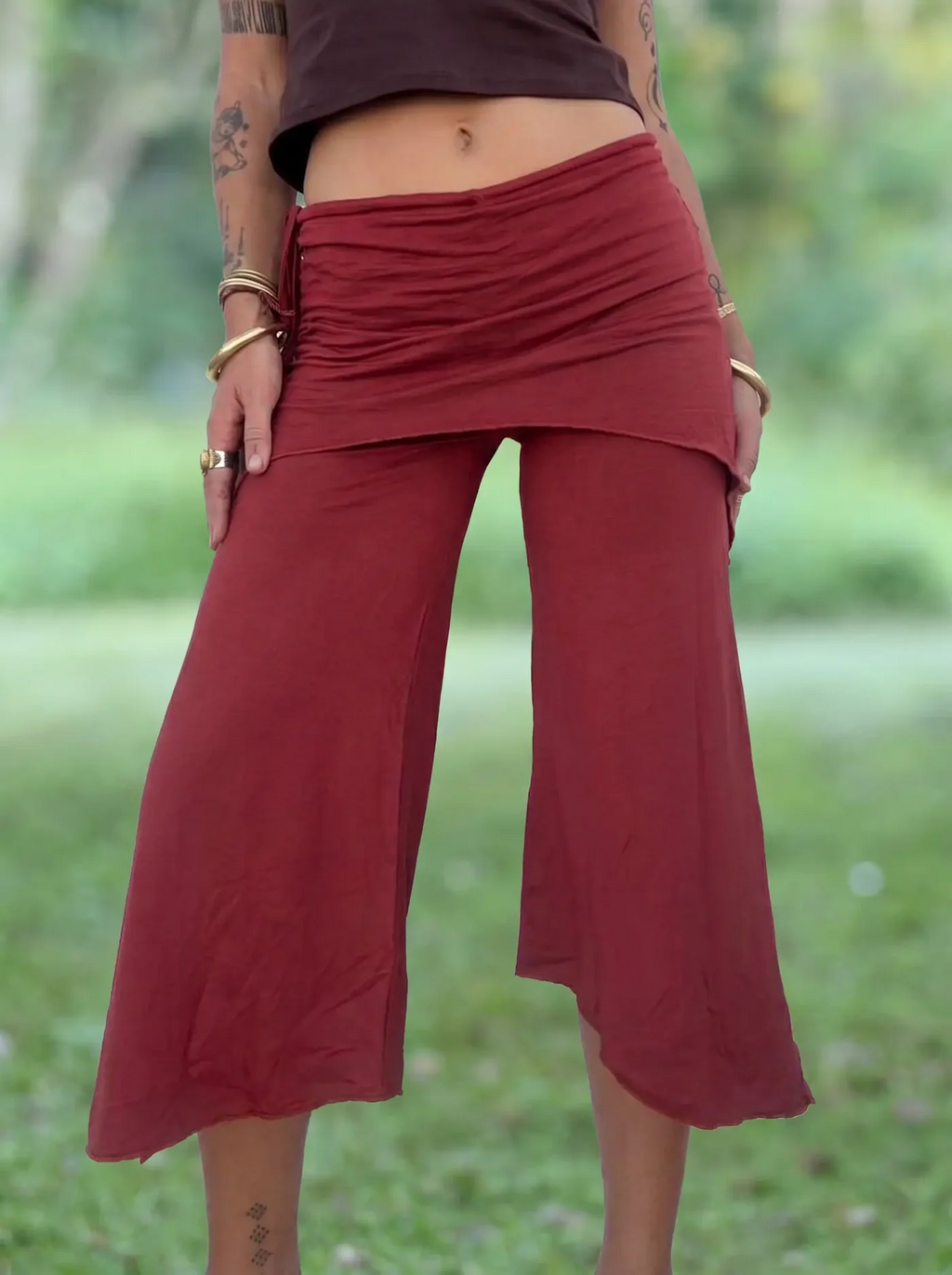 Drawstring Faux Two-Piece Asymmetric Cropped Wide Leg Pants
