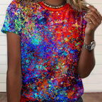 Allover Print Crew Neck T-Shirt, Casual Short Sleeve Top For Spring & Summer, Women's Clothing