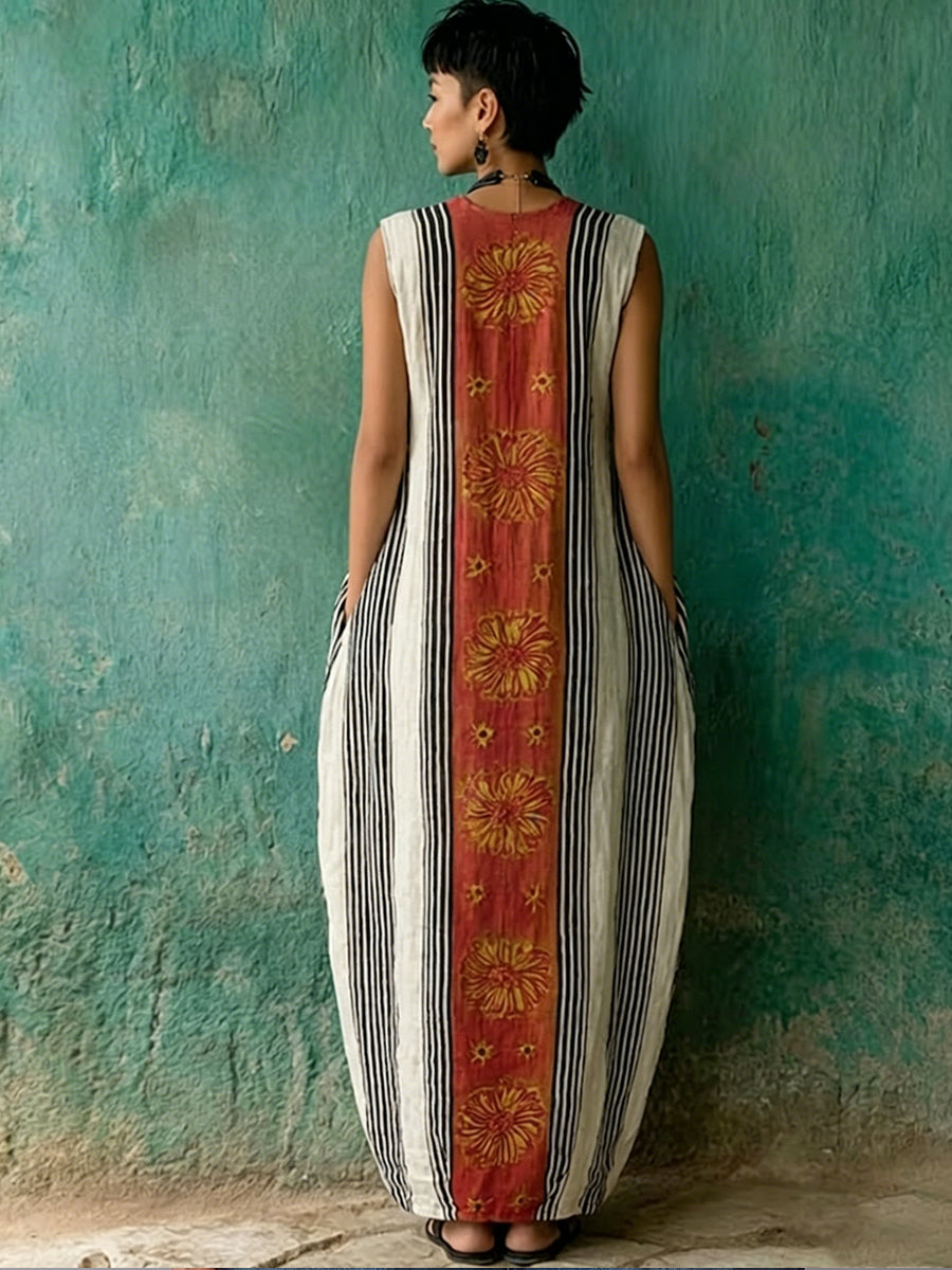 Bohemian Artistic Print Sleeveless Linen And Cotton Maxi Dress