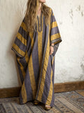 Women's Vintage-print Patchwork V-neck Short-sleeve Casual Loose Cotton-linen Dress