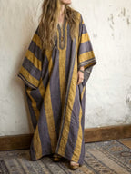 Women's Vintage-print Patchwork V-neck Short-sleeve Casual Loose Cotton-linen Dress