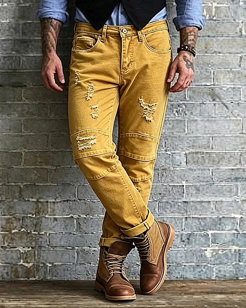 Vintage Mustard Yellow Distressed Slim Tapered Denim Jeans