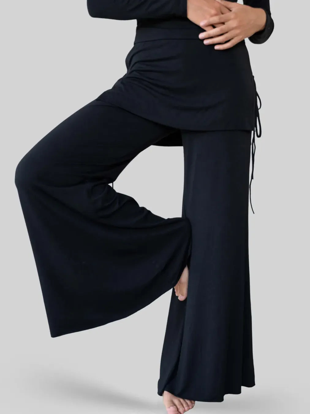 Faux Two-Piece Skirt-Waistband Wide Leg Pants with Dual Adjustable Side Ties and Draped Flow