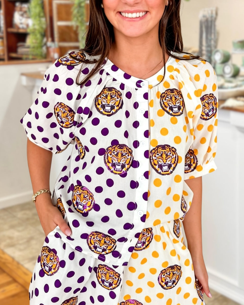 Full Shine Tiger Sequin Polka Dot Top