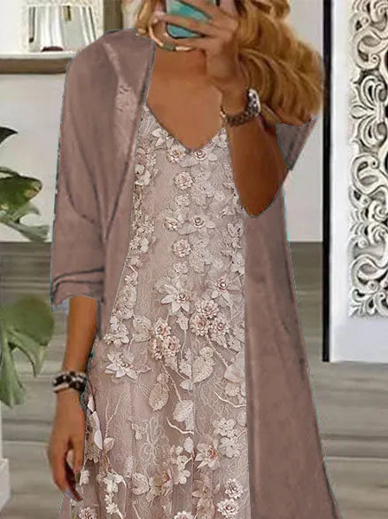 Nextmacys-Women's Long Sleeve V-neck Floral Printed Two Pieces Maxi Dress
