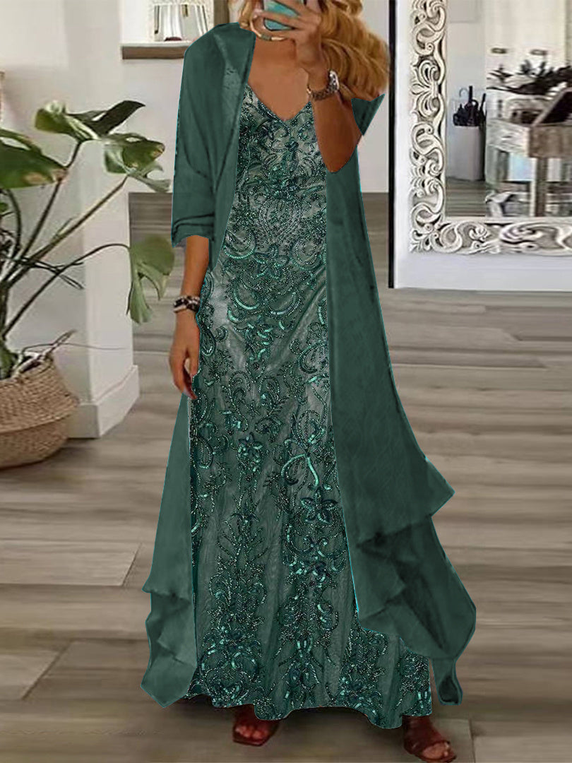 Women's Long Sleeve V-neck Graphic Printed Two Pieces Maxi Dress