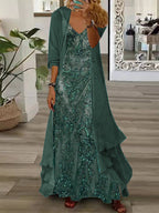 Women's Long Sleeve V-neck Graphic Printed Two Pieces Maxi Dress