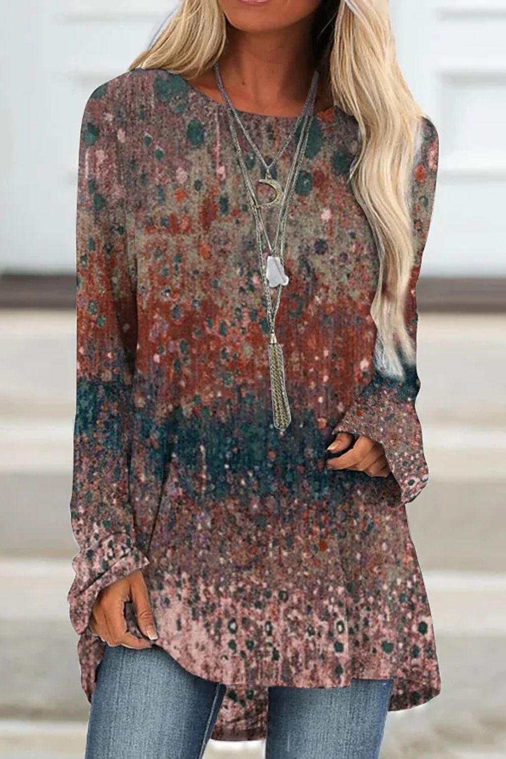 Casual Women's Crew Neck Top Loose Long Sleeve Vintage Print Pullover Fashion T-Shirt