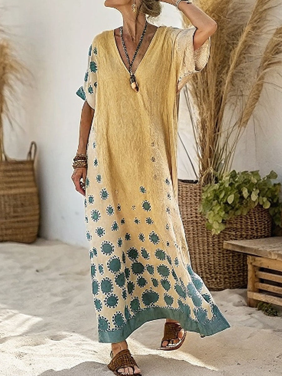 Women's Polka Dot Print V-neck Cotton-linen Dress
