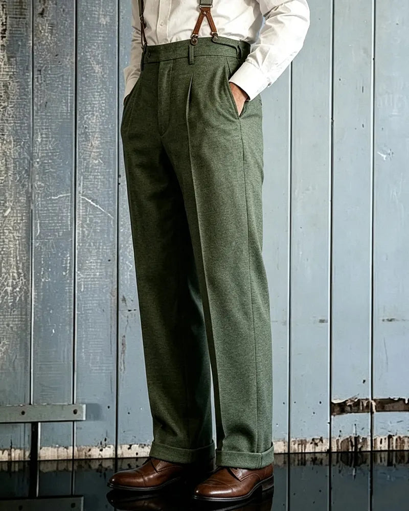 Vintage Olive Green High©\Waist Pleated Wide©\Leg Trousers