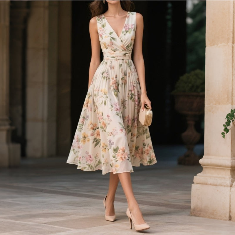 Elegant Floral Print V-neck Sleeveless Flowy Midi Dress