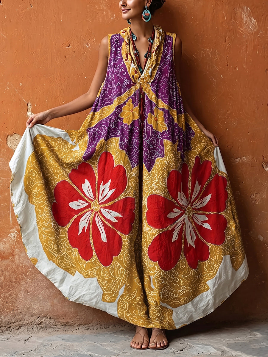 Retro Bohemian Floral Print Cotton-linen Dress