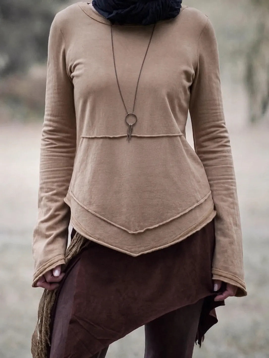 Distressed Long Sleeve Top with Curved Patch Pockets, Topstitching & Curved Hem