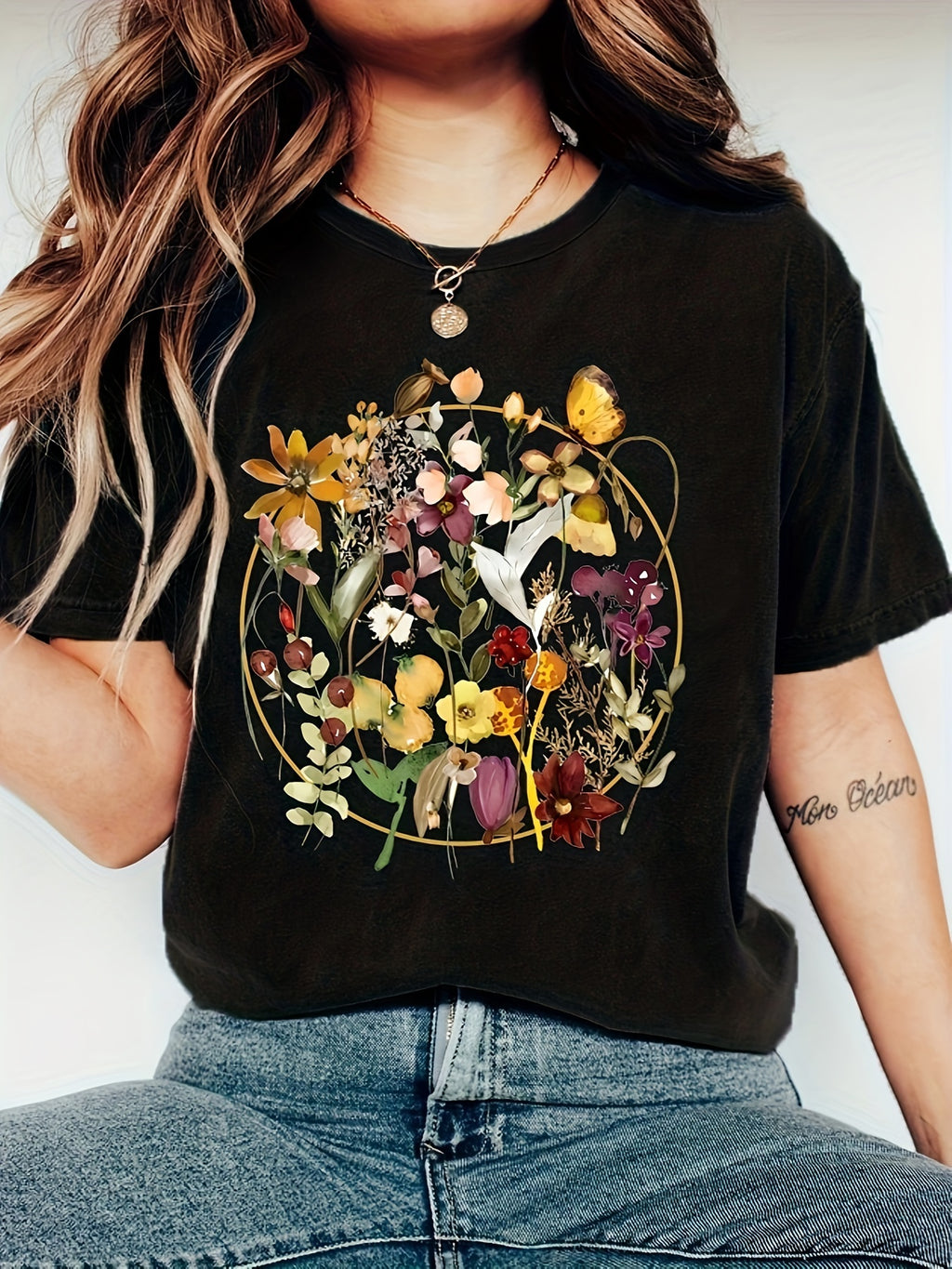 Floral Print Crew Neck T-shirt, Casual Short Sleeve Top, Women's Clothing