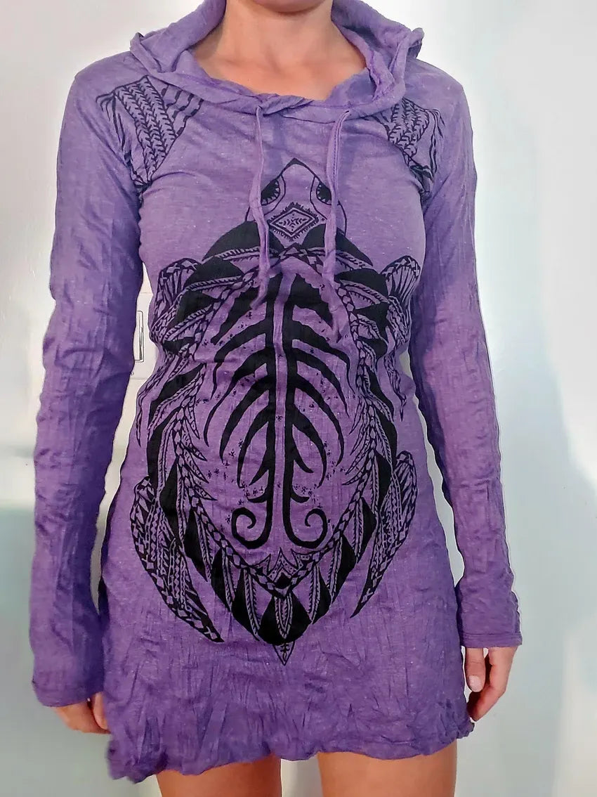 Cotton Longsleeve Tunic Dress: Turtle Logo Boho Beach Cover-up