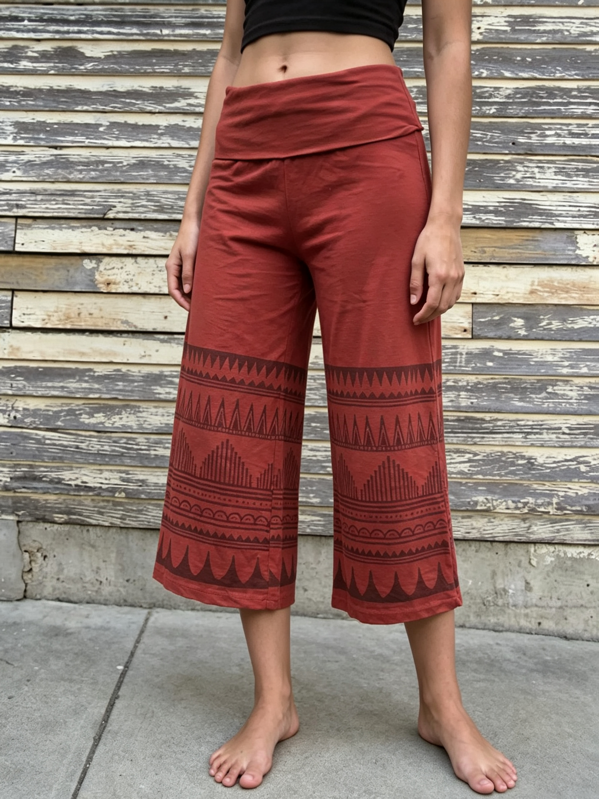 Ethnic Print Fold-Over Waist Cropped Wide Leg Pants
