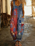 Women's Retro Style Print Washed Cotton Denim Patchwork Jumpsuit
