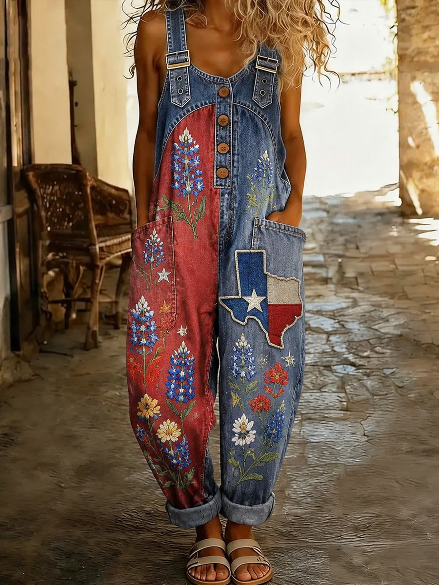 Women's Retro Style Print Washed Cotton Denim Patchwork Jumpsuit