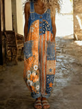 Women's Retro Style Print Washed Cotton Denim Patchwork Jumpsuit