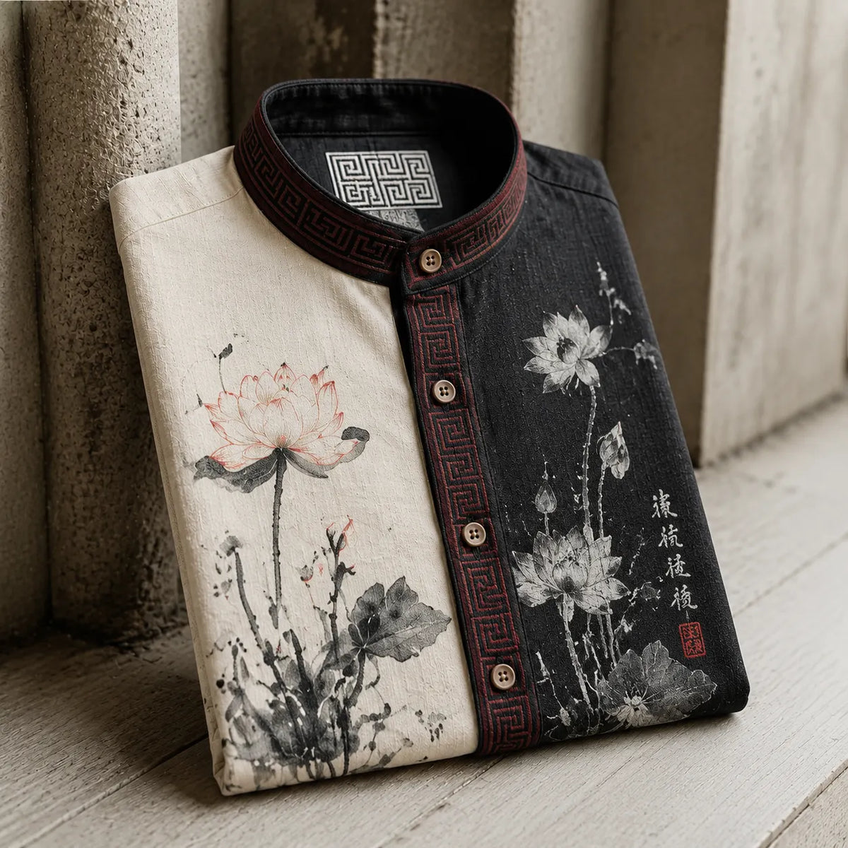 Men's Vintage Ink Lotus Chinese Style Print Mandarin Collar Casual Shirt