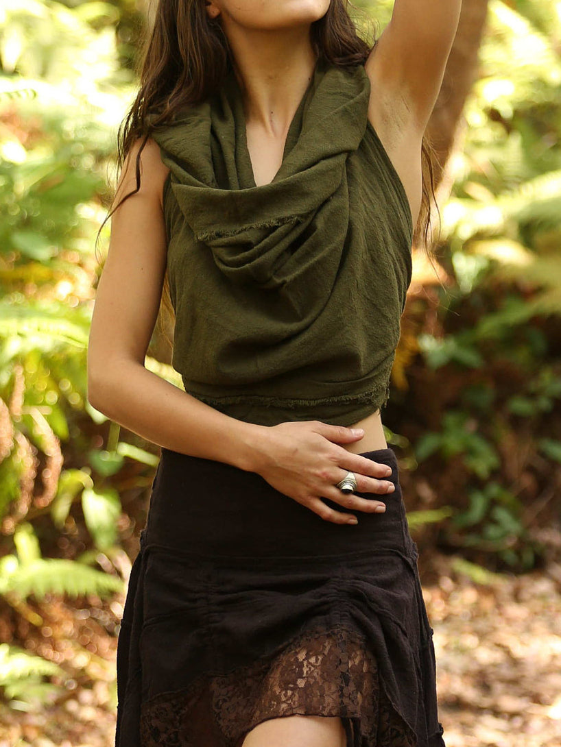 Festival Natural Cotton Hooded Top, Backless Boho Pixie Clothing