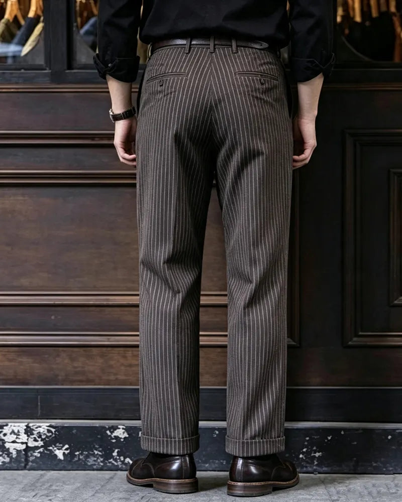 Vintage Dark Brown Pinstripe High Waist Pleated Cuffed Straight©\Leg Trousers