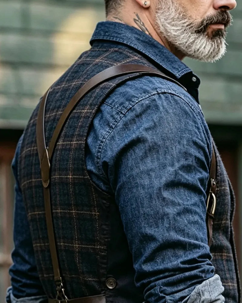 Vintage Navy Blue Plaid Single-breasted Vest
