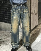 Vintage Yellow Mud Washed Distressed Jeans