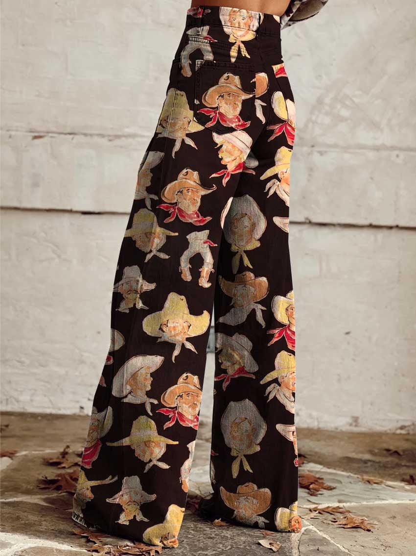 Women's Cowboy Race Print Casual Wide Leg Pants