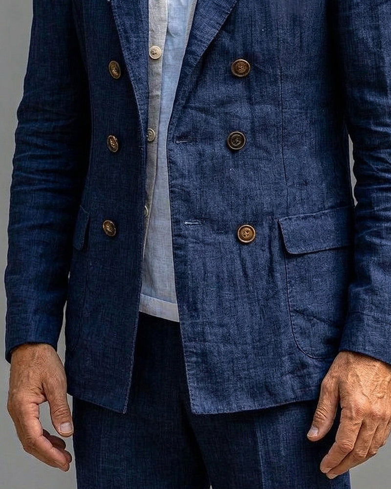 Retro Navy Blue Linen Double-breasted Blazer