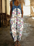 Women's Floral Art Print Washed Cotton Denim Patchwork Jumpsuit