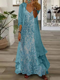 Nextmacys-Women's Long Sleeve V-neck Floral Printed Two Pieces Maxi Dress