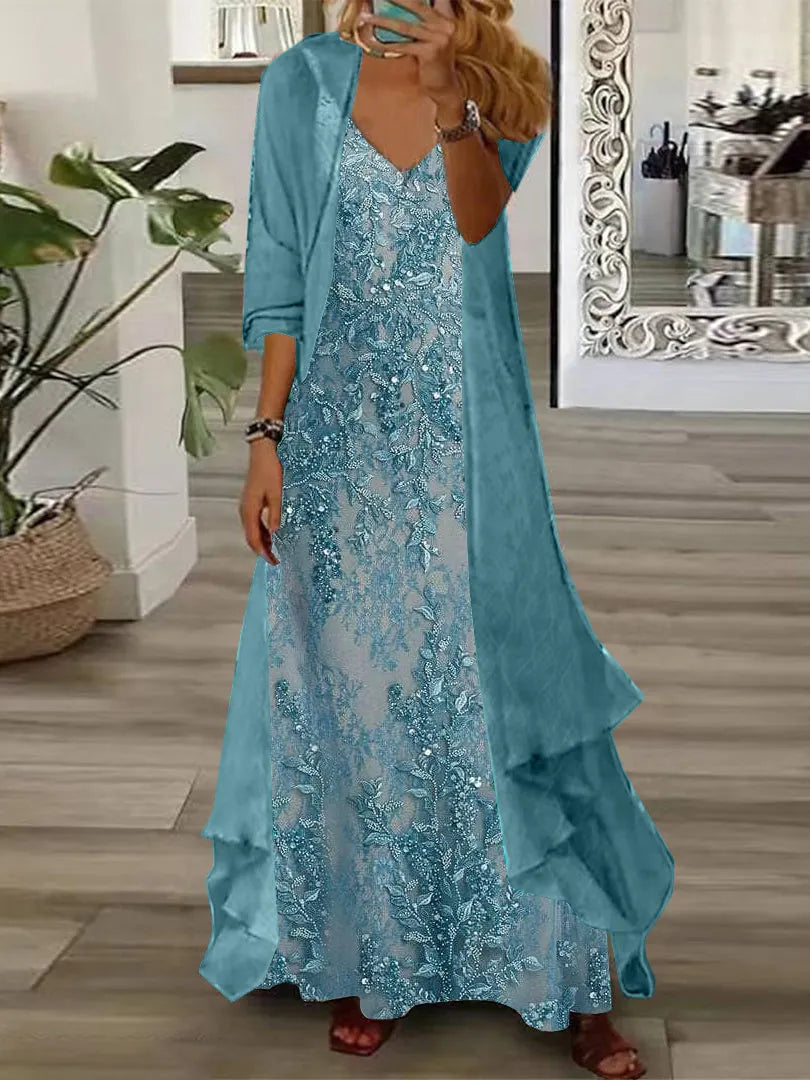 Nextmacys-Women's Long Sleeve V-neck Floral Printed Two Pieces Maxi Dress