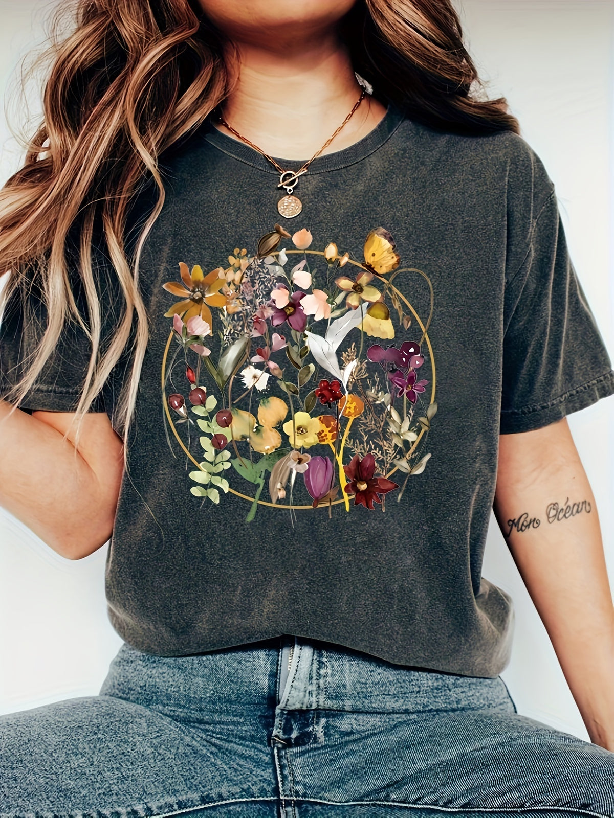 Floral Print Crew Neck T-shirt, Casual Short Sleeve Top, Women's Clothing