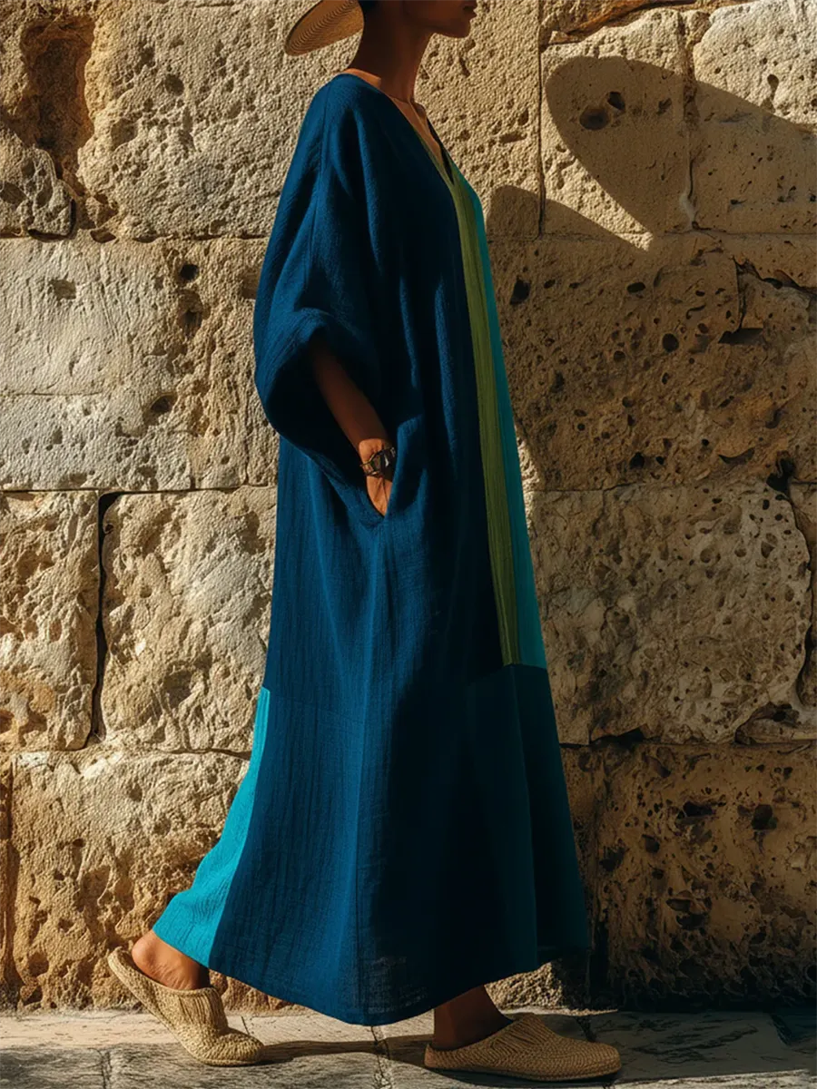 Artistic Color-block Geometric Cotton-linen Maxi Dress
