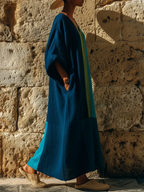 Artistic Color-block Geometric Cotton-linen Maxi Dress