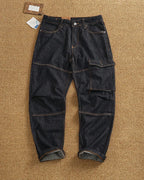 Vintage Raw Indigo Multi-Panel Cargo Straight Leg Denim Jeans